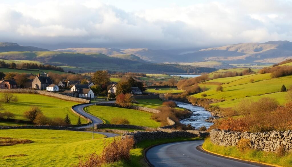 A serene Irish countryside during the shoulder season, with a rolling green landscape dotted with ancient stone walls and lush foliage. In the foreground, a winding country road leads the eye towards a quaint village, its traditional thatched-roof cottages and churches bathed in the soft, golden light of an autumn afternoon. In the middle ground, a picturesque river or stream meanders through the scene, its gentle currents reflecting the muted colors of the surrounding hills. The background is dominated by a range of rugged, weathered mountains, their peaks shrouded in wispy clouds that add to the sense of tranquility and timelessness. The overall mood is one of quiet contemplation, inviting the viewer to immerse themselves in the timeless beauty of Ireland during this enchanting transitional period between seasons. A serene Irish countryside during the shoulder season, with a rolling green landscape dotted with ancient stone walls and lush foliage. In the foreground, a winding country road leads the eye towards a quaint village, its traditional thatched-roof cottages and churches bathed in the soft, golden light of an autumn afternoon. In the middle ground, a picturesque river or stream meanders through the scene, its gentle currents reflecting the muted colors of the surrounding hills. The background is dominated by a range of rugged, weathered mountains, their peaks shrouded in wispy clouds that add to the sense of tranquility and timelessness. The overall mood is one of quiet contemplation, inviting the viewer to immerse themselves in the timeless beauty of Ireland during this enchanting transitional period between seasons.