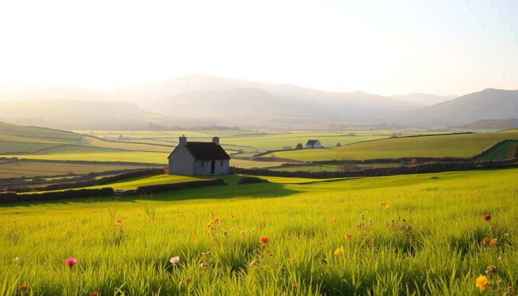 A serene Irish countryside scene bathed in the soft, golden glow of the midday sun. In the foreground, a lush, verdant meadow stretches out, dotted with vibrant wildflowers swaying gently in the breeze. In the middle ground, a picturesque stone cottage sits nestled among rolling hills, its thatched roof and whitewashed walls glowing warmly. In the distance, a patchwork of emerald fields and rugged, mist-shrouded mountains rise up to meet the pale blue sky, creating a tranquil and picturesque landscape. The entire scene is imbued with a sense of calm and timelessness, capturing the essence of an Irish day. A serene Irish countryside scene bathed in the soft, golden glow of the midday sun. In the foreground, a lush, verdant meadow stretches out, dotted with vibrant wildflowers swaying gently in the breeze. In the middle ground, a picturesque stone cottage sits nestled among rolling hills, its thatched roof and whitewashed walls glowing warmly. In the distance, a patchwork of emerald fields and rugged, mist-shrouded mountains rise up to meet the pale blue sky, creating a tranquil and picturesque landscape. The entire scene is imbued with a sense of calm and timelessness, capturing the essence of an Irish day.