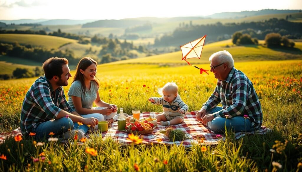 A serene Lancaster County landscape, with rolling hills and verdant fields in the background. In the foreground, a family of four - parents, a young child, and a grandparent - enjoys a picnic spread on a checkered blanket, surrounded by vibrant wildflowers. The child plays with a kite that dances gracefully against the bright, sun-dappled sky. Warm, golden light filters through the scene, creating a cozy, inviting atmosphere. The family's laughter and joy are palpable, capturing the essence of quality time spent together in this charming, pastoral setting.