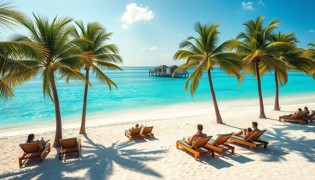 A serene Maldivian paradise in the peak of the tourist season. A pristine turquoise lagoon with swaying palm trees lining the shore, white sand beaches, and a vibrant underwater world visible through the crystal-clear waters. Warm afternoon sunlight bathes the scene, casting a golden glow and creating long shadows. Visitors lounge on plush beach chairs, taking in the tranquil atmosphere and enjoying the tropical island charm. In the distance, a luxurious overwater villa stands as a testament to the Maldives' renowned hospitality. The perfect blend of natural beauty and resort-style amenities, capturing the quintessential Maldivian experience at its finest. A serene Maldivian paradise in the peak of the tourist season. A pristine turquoise lagoon with swaying palm trees lining the shore, white sand beaches, and a vibrant underwater world visible through the crystal-clear waters. Warm afternoon sunlight bathes the scene, casting a golden glow and creating long shadows. Visitors lounge on plush beach chairs, taking in the tranquil atmosphere and enjoying the tropical island charm. In the distance, a luxurious overwater villa stands as a testament to the Maldives' renowned hospitality. The perfect blend of natural beauty and resort-style amenities, capturing the quintessential Maldivian experience at its finest.