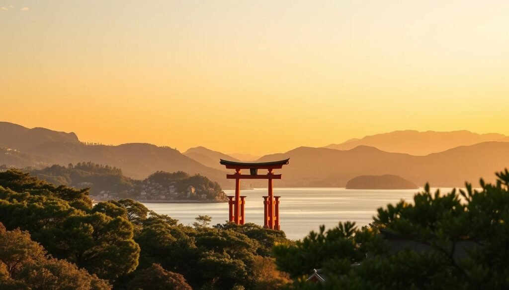 A serene Shinto shrine stands atop Miyajima island, its iconic vermilion torii gate gracefully floating on the tranquil waters of the Seto Inland Sea. In the foreground, lush green forests and rolling hills frame the scene, while the middle ground features the picturesque town nestled along the shoreline. The sky is bathed in warm, golden light, casting a gentle glow over the entire landscape. A sense of reflection and resilience emanates from this peaceful, historic setting, inviting the viewer to immerse themselves in the timeless beauty of Hiroshima and Miyajima. A serene Shinto shrine stands atop Miyajima island, its iconic vermilion torii gate gracefully floating on the tranquil waters of the Seto Inland Sea. In the foreground, lush green forests and rolling hills frame the scene, while the middle ground features the picturesque town nestled along the shoreline. The sky is bathed in warm, golden light, casting a gentle glow over the entire landscape. A sense of reflection and resilience emanates from this peaceful, historic setting, inviting the viewer to immerse themselves in the timeless beauty of Hiroshima and Miyajima.