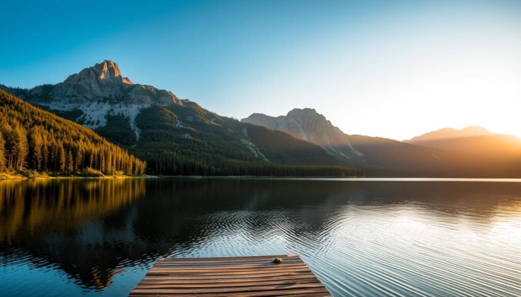 A serene alpine lake nestled amidst the rugged Porcupine Mountains, "Lake of the Clouds" reflects the jagged peaks and lush boreal forest surrounding it. The scene is bathed in soft, golden light, casting a warm glow over the still waters and creating a sense of tranquility. In the foreground, a wooden dock extends into the lake, inviting exploration. The middle ground features densely forested slopes, their evergreen canopies contrasting with the exposed rock faces above. In the distance, the mountains rise majestically, their sharp silhouettes cutting into a hazy, azure sky. This landscape evokes a profound connection to the natural world, a true gem of Michigan's wilderness.