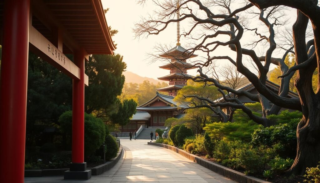 A serene and tranquil scene of Kyoto's iconic temples nestled amidst lush greenery. In the foreground, the intricate architecture of a Shinto shrine, its crimson-red torii gate standing tall, inviting visitors to step into a realm of spiritual contemplation. The middle ground features the majestic pagoda of a Buddhist temple, its multi-tiered roofs casting long shadows across the stone pathways. In the background, a row of ancient, gnarled trees frames the scene, their branches swaying gently in the breeze, creating a sense of timelessness. The lighting is soft and diffused, casting a warm, golden glow over the entire landscape, evoking a mood of peaceful meditation and a connection to Japan's rich cultural heritage.