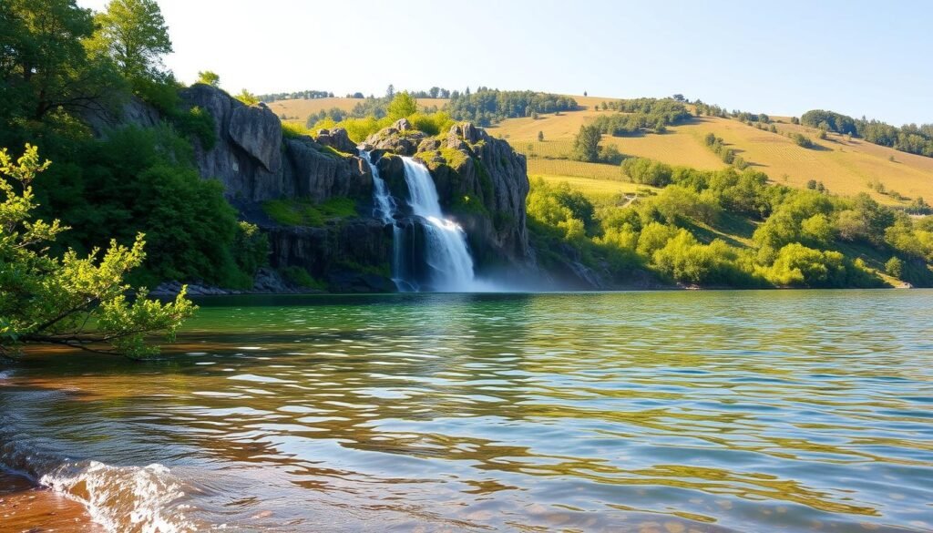 A serene and tranquil vista of the Finger Lakes, New York. In the foreground, crystal-clear waters gently lap against the shore, reflecting the lush, verdant foliage along the banks. The middle ground features a breathtaking waterfall cascading over rugged, moss-covered rocks, its mist creating a soft, ethereal haze. In the background, rolling hills dotted with vineyards and orchards stretch out, bathed in the warm, golden light of a summer afternoon. The scene exudes a sense of peaceful, natural beauty, inviting the viewer to immerse themselves in the picturesque landscapes of the Finger Lakes region.