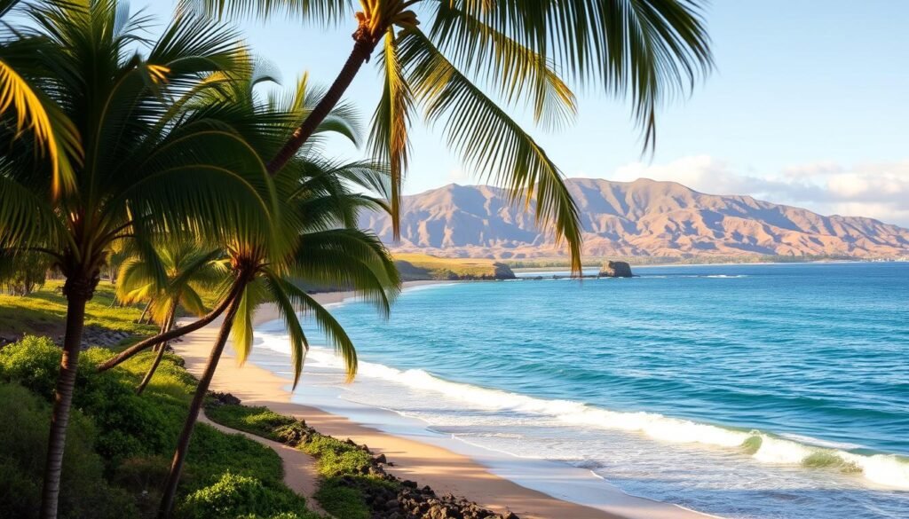 A serene beach in South Maui, the cerulean waves of the Pacific lapping against the golden sands. In the foreground, lush palm trees sway gently, their fronds casting dappled shadows on the pristine shore. The middle ground reveals a winding path meandering through lush vegetation, inviting visitors to explore the coastal landscape. In the distance, the majestic slopes of Haleakala volcano rise up, bathed in the warm glow of the Hawaiian sun. The scene exudes a sense of tranquility and natural beauty, perfectly capturing the essence of this idyllic corner of Maui. A serene beach in South Maui, the cerulean waves of the Pacific lapping against the golden sands. In the foreground, lush palm trees sway gently, their fronds casting dappled shadows on the pristine shore. The middle ground reveals a winding path meandering through lush vegetation, inviting visitors to explore the coastal landscape. In the distance, the majestic slopes of Haleakala volcano rise up, bathed in the warm glow of the Hawaiian sun. The scene exudes a sense of tranquility and natural beauty, perfectly capturing the essence of this idyllic corner of Maui.