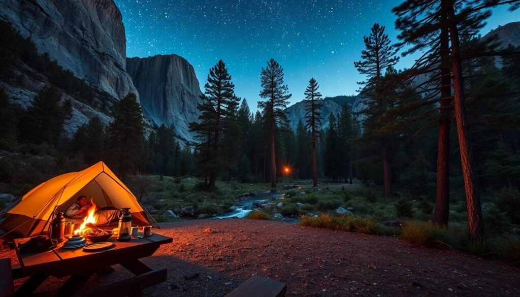 A serene campsite nestled amidst the towering granite cliffs of Yosemite National Park. A crackling fire casts a warm glow upon a cozy tent, its occupants snuggled in sleeping bags under a canopy of twinkling stars. In the foreground, a picnic table is adorned with lanterns and the remnants of a hearty meal, while in the middle ground, a babbling brook meanders through the lush, verdant landscape. Majestic pine trees sway gently in the cool evening breeze, creating a sense of tranquility and connection with the great outdoors. The image is bathed in a soft, natural light, with a wide-angle lens capturing the grandeur of the scene. A serene campsite nestled amidst the towering granite cliffs of Yosemite National Park. A crackling fire casts a warm glow upon a cozy tent, its occupants snuggled in sleeping bags under a canopy of twinkling stars. In the foreground, a picnic table is adorned with lanterns and the remnants of a hearty meal, while in the middle ground, a babbling brook meanders through the lush, verdant landscape. Majestic pine trees sway gently in the cool evening breeze, creating a sense of tranquility and connection with the great outdoors. The image is bathed in a soft, natural light, with a wide-angle lens capturing the grandeur of the scene.
