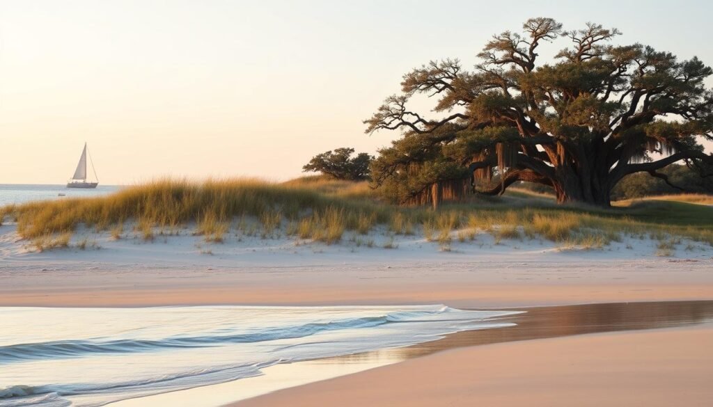 A serene coastal landscape bathed in golden hour light. In the foreground, a gently lapping tide caresses the pristine sandy shore. In the middle ground, windswept dunes dotted with wispy beachgrass sway softly. Towering, ancient live oak trees draped in delicate Spanish moss frame the scene, their branches reaching towards a tranquil, pastel sky. A single, solitary sailboat drifts along the horizon, its elegant silhouette reflected on the calm, mirror-like waters. An atmosphere of profound peace and quiet tranquility pervades this idyllic coastal haven. A serene coastal landscape bathed in golden hour light. In the foreground, a gently lapping tide caresses the pristine sandy shore. In the middle ground, windswept dunes dotted with wispy beachgrass sway softly. Towering, ancient live oak trees draped in delicate Spanish moss frame the scene, their branches reaching towards a tranquil, pastel sky. A single, solitary sailboat drifts along the horizon, its elegant silhouette reflected on the calm, mirror-like waters. An atmosphere of profound peace and quiet tranquility pervades this idyllic coastal haven.
