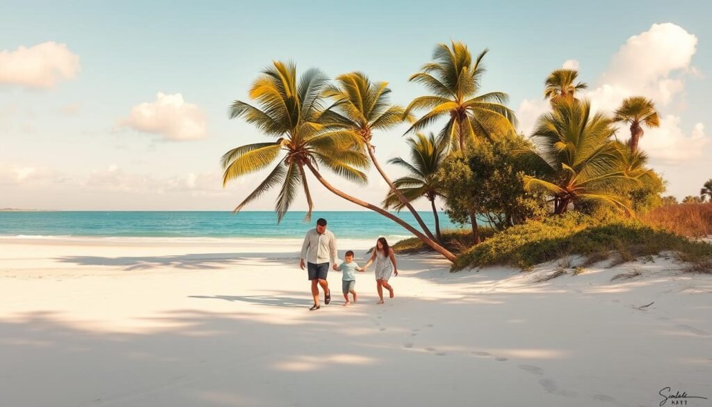 A serene coastal scene on Hilton Head Island, South Carolina. In the foreground, a family of four - parents and two young children - strolling along a pristine beach, their footprints left in the soft, golden sand. The middle ground features lush, swaying palmetto trees casting gentle shadows, creating a warm, natural ambiance. In the background, the sparkling azure waters of the Atlantic Ocean stretch out to the horizon, with a few fluffy white clouds drifting overhead. Warm, golden afternoon sunlight bathes the entire scene, evoking a sense of tranquility and family togetherness. Captured with a wide-angle lens to convey the expansive, picturesque landscape.