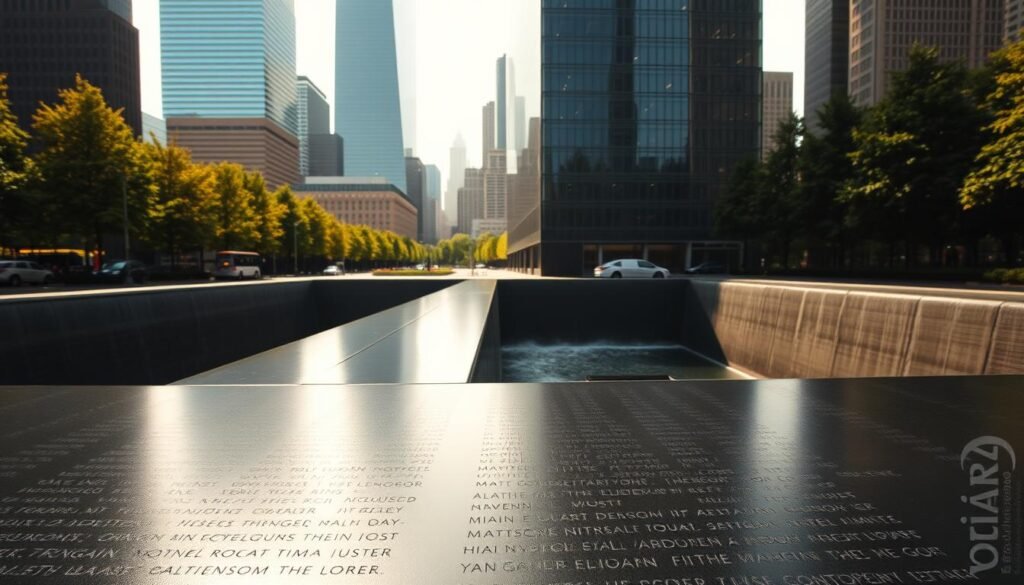 A serene, contemplative view of the 9/11 Memorial in Lower Manhattan, New York. In the foreground, the twin reflecting pools with their cascading waterfalls, surrounded by the names of those lost etched in bronze. The middle ground features the towering, angular forms of the Oculus transportation hub, its glass and steel structure casting dramatic shadows. In the background, the lush greenery of the Battery Park, with glimpses of the iconic Manhattan skyline. The scene is bathed in warm, diffused natural light, creating a solemn, reverent atmosphere. Captured with a wide-angle lens to convey the monumental scale and significance of this poignant memorial.