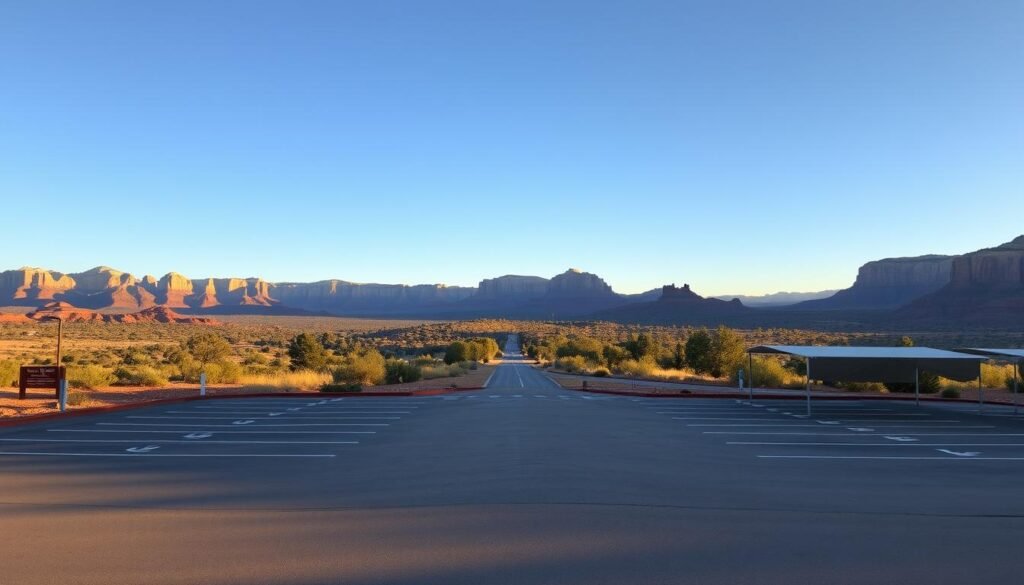 A serene desert landscape at golden hour, with a well-organized parking lot in the foreground. The lot is paved with a neutral-toned asphalt, dotted with rows of clearly marked parking spaces. Shaded canopies cover several spots, offering respite from the sun. In the middle ground, a gently winding road leads towards the entrance of a trailhead, surrounded by the iconic red rock formations of Sedona. The background features a breathtaking panorama of the rugged, sun-dappled terrain, with a clear, azure sky above. The overall atmosphere conveys a sense of order, accessibility, and appreciation for the natural beauty of the area.