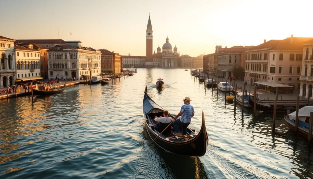 A serene, dreamy landscape of the iconic Venetian canals, bathed in warm, golden afternoon light. In the foreground, a traditional gondola glides effortlessly across the placid, mirror-like waters, its occupants capturing the timeless ambiance. The middle ground features charming, pastel-hued buildings lining the canals, their reflections dancing on the surface. In the background, the iconic bell towers and domes of St. Mark's Square rise majestically, creating a picturesque skyline. The overall atmosphere is one of tranquility, romance, and a touch of nostalgia, inviting the viewer to immerse themselves in the enchanting, lagoon-bound world of Venice.