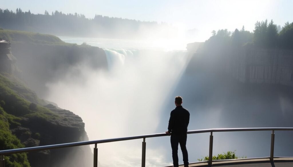 A serene early morning scene at Niagara Falls, with the iconic cascading waters framed by the rocky cliffs and lush greenery of the surrounding landscape. Soft, diffused natural light filters through the mist, creating a dreamlike atmosphere. In the foreground, a lone figure stands on the observation deck, their silhouette capturing the tranquility and awe of this natural wonder. The image conveys the perfect timing to visit Niagara Falls, with fewer crowds and the opportunity to experience the falls in a more peaceful and contemplative manner.