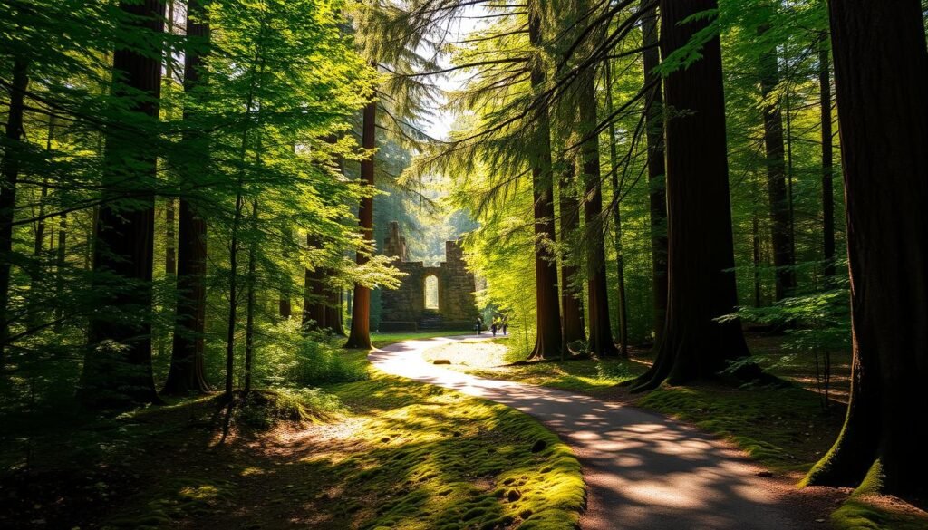 A serene forest trail winds through the lush, verdant canopy of towering Douglas firs and western red cedars in Portland's beloved Forest Park. Dappled sunlight filters through the leafy boughs, casting a warm, golden glow on the mossy ground below. The path meanders gently, inviting hikers to explore the tranquil natural beauty of this urban oasis. In the distance, a weathered stone structure known as the Witch's Castle stands as a mysterious relic, hinting at the park's captivating history. The overall scene evokes a sense of peaceful solitude, where the stresses of the city fade away, and one can reconnect with the restorative power of the Pacific Northwest wilderness.