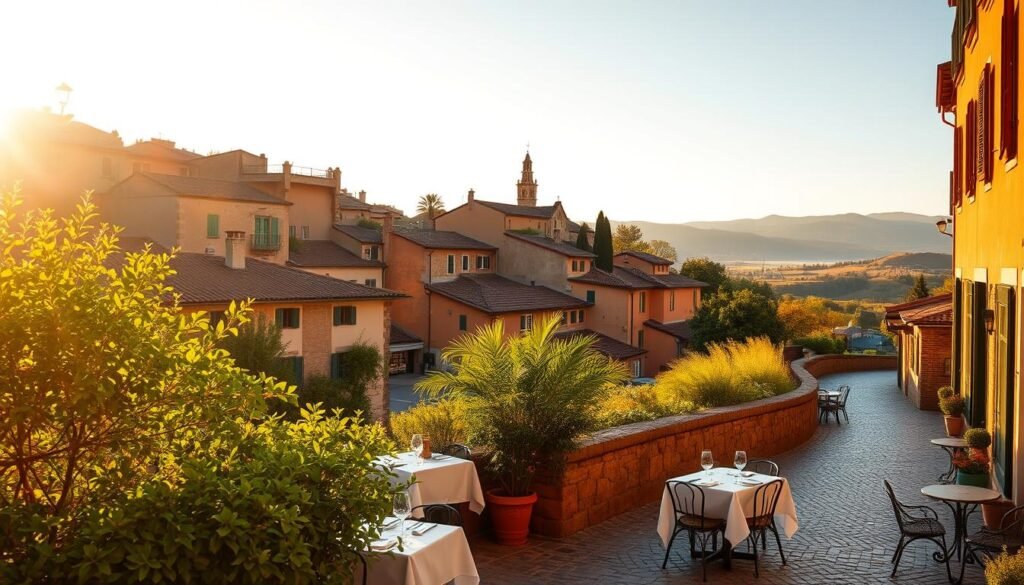 A serene, golden-hued landscape bathed in warm, soft light. In the foreground, a cozy cafe terrace nestled among lush greenery, with tables dressed in crisp linens and elegant place settings. In the middle ground, a winding cobblestone street flanked by charming buildings in muted ochre and terracotta hues. In the distance, a picturesque church spire and rolling hills, painted in the gentle tones of September and October. The scene evokes a sense of tranquility and the unhurried pace of the shoulder seasons in Italy, inviting the viewer to linger and savor the moment. A serene, golden-hued landscape bathed in warm, soft light. In the foreground, a cozy cafe terrace nestled among lush greenery, with tables dressed in crisp linens and elegant place settings. In the middle ground, a winding cobblestone street flanked by charming buildings in muted ochre and terracotta hues. In the distance, a picturesque church spire and rolling hills, painted in the gentle tones of September and October. The scene evokes a sense of tranquility and the unhurried pace of the shoulder seasons in Italy, inviting the viewer to linger and savor the moment.