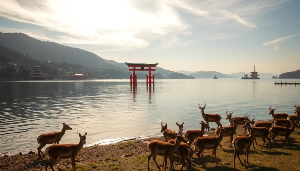 A serene island oasis, Miyajima emerges from the calm waters of the Seto Inland Sea, its iconic floating torii gate standing tall against a backdrop of lush, verdant hills. The tranquil shores are dotted with historic shrines and temples, their crimson-painted structures reflected in the glassy surface. Sunlight filters through wispy clouds, casting a warm, golden glow over the scene. In the foreground, a group of red-tailed deer graze peacefully, undisturbed by the gentle ebb and flow of the tide. This picturesque island, a symbol of Japan's resilience and spiritual connection to nature, offers a moment of reflection amidst the vibrant energy of Hiroshima.