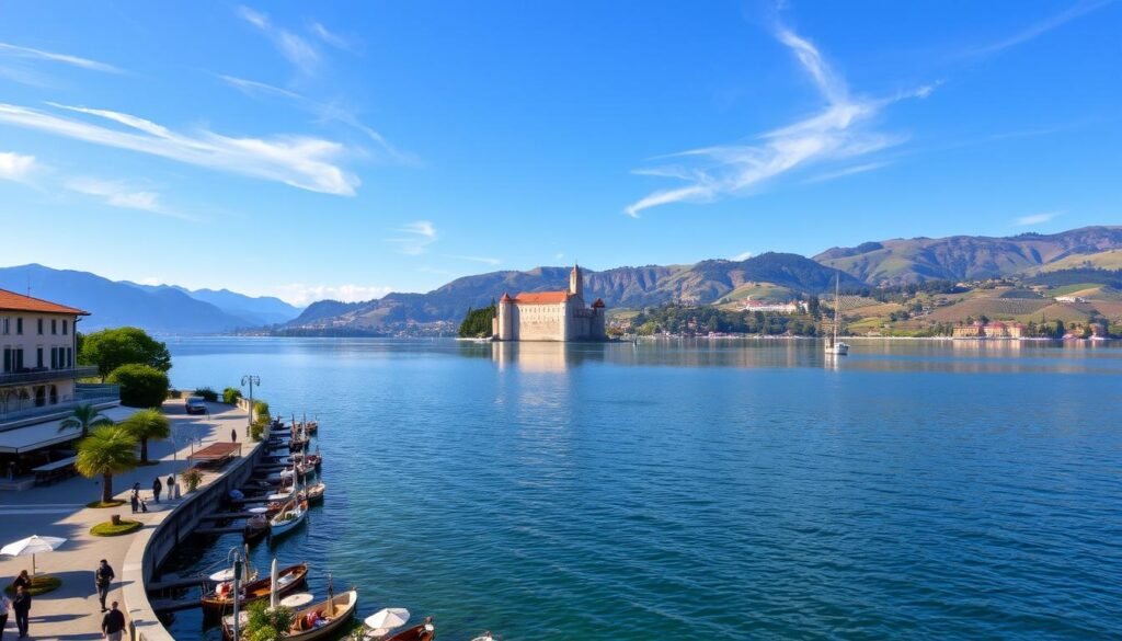 A serene lakeside scene, Lake Garda's azure waters gently lapping against a picturesque shore. In the foreground, a sun-dappled promenade lined with charming cafes and boutiques, inviting pedestrians to stroll and soak in the tranquil atmosphere. The middle ground reveals an imposing medieval castle, its turrets and walls reflected in the mirror-like surface of the lake. In the distance, rolling hills and lush vineyards stretch towards the horizon, bathed in the warm glow of the Mediterranean sun. Wispy clouds drift overhead, adding to the sense of calm and relaxation. The overall mood is one of timeless beauty, history, and the perfect balance of nature and culture that embodies the essence of Italy. A serene lakeside scene, Lake Garda's azure waters gently lapping against a picturesque shore. In the foreground, a sun-dappled promenade lined with charming cafes and boutiques, inviting pedestrians to stroll and soak in the tranquil atmosphere. The middle ground reveals an imposing medieval castle, its turrets and walls reflected in the mirror-like surface of the lake. In the distance, rolling hills and lush vineyards stretch towards the horizon, bathed in the warm glow of the Mediterranean sun. Wispy clouds drift overhead, adding to the sense of calm and relaxation. The overall mood is one of timeless beauty, history, and the perfect balance of nature and culture that embodies the essence of Italy.