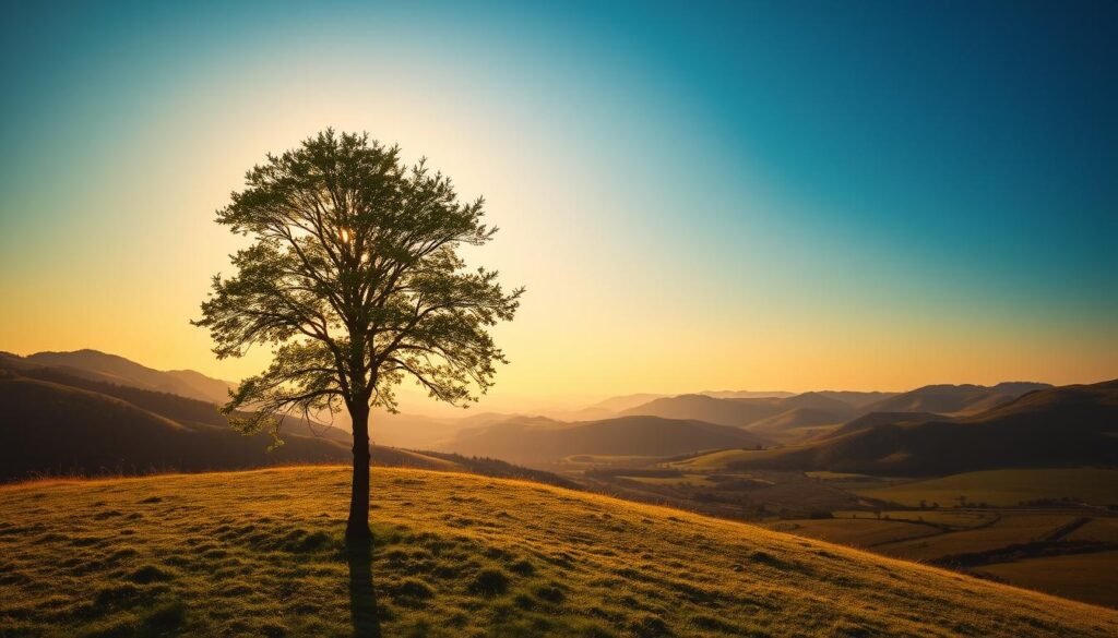 A serene landscape bathed in warm, golden sunlight. A solitary tree stands tall, its lush foliage casting gentle shadows on the grassy knoll below. In the distance, rolling hills and a vibrant blue sky create a tranquil, inviting atmosphere. The overall scene evokes a sense of contemplation and the gradual passage of time, perfectly capturing the essence of a single month in the year.