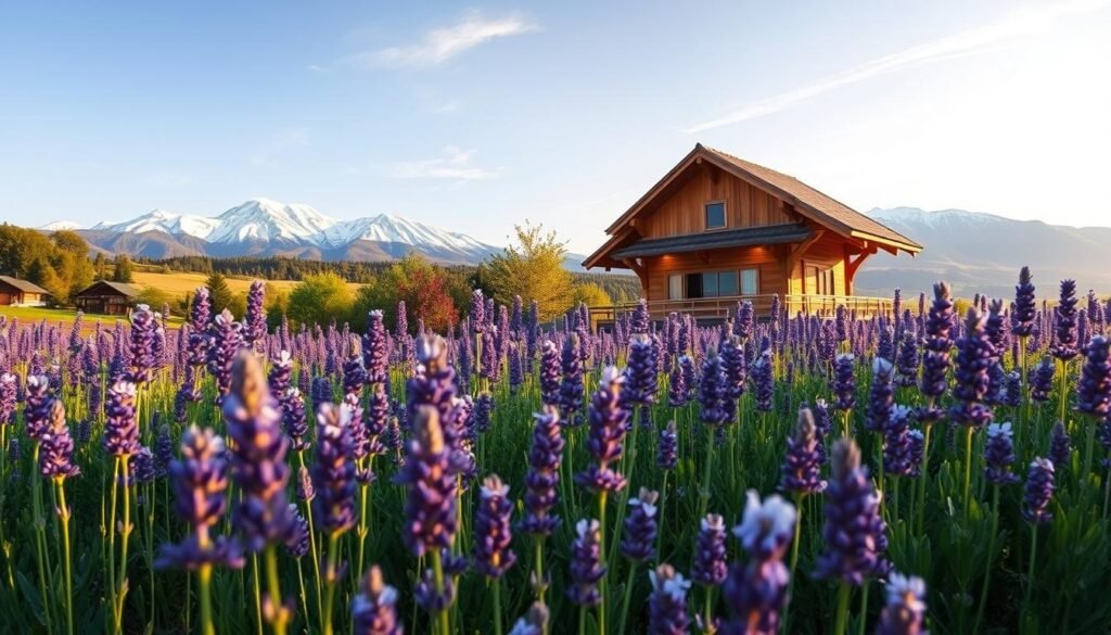 A serene landscape in Hokkaido, Japan during the vibrant summer months. In the foreground, a lush field of lavender in full bloom, the delicate purple hues accentuated by the warm golden light of the sun. The middle ground features a picturesque wooden structure, its traditional architecture blending seamlessly with the natural surroundings. In the distance, majestic snow-capped mountains rise, their peaks seemingly touching the clear blue sky. A sense of tranquility and natural harmony pervades the scene, evoking the essence of Hokkaido's renowned summer beauty. The image is captured through a wide-angle lens, providing a panoramic view that immerses the viewer in the breathtaking scenery. A serene landscape in Hokkaido, Japan during the vibrant summer months. In the foreground, a lush field of lavender in full bloom, the delicate purple hues accentuated by the warm golden light of the sun. The middle ground features a picturesque wooden structure, its traditional architecture blending seamlessly with the natural surroundings. In the distance, majestic snow-capped mountains rise, their peaks seemingly touching the clear blue sky. A sense of tranquility and natural harmony pervades the scene, evoking the essence of Hokkaido's renowned summer beauty. The image is captured through a wide-angle lens, providing a panoramic view that immerses the viewer in the breathtaking scenery.