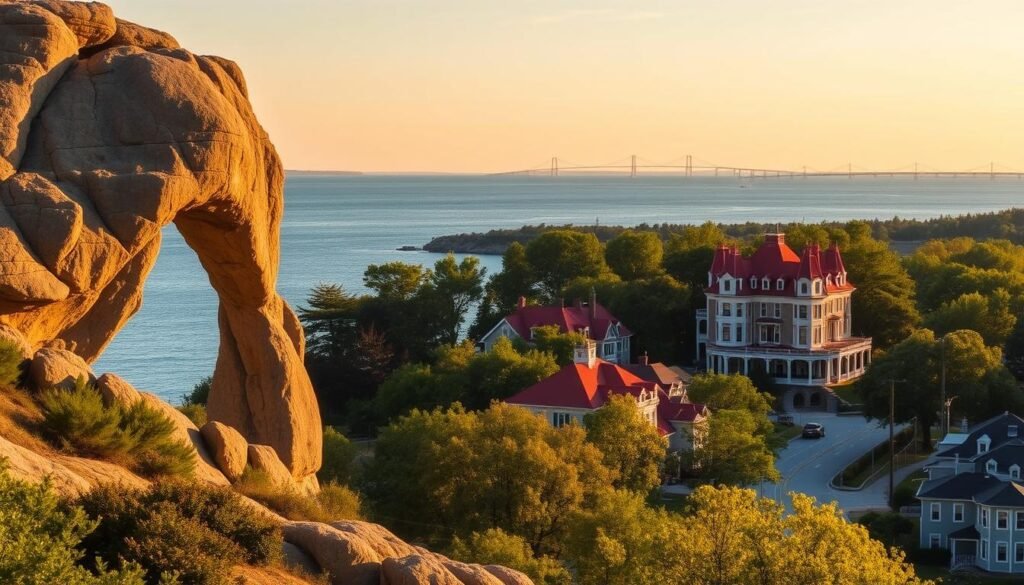 A serene landscape of Mackinac Island, Michigan, captured in a warm, golden-hour lighting. In the foreground, the iconic Arch Rock formation rises majestically, its limestone curves framing a view of the shimmering waters of Lake Huron. The middle ground features the quaint, car-free streets of the island, lined with Victorian-era homes and the iconic Grand Hotel, its red-roofed facade standing tall against the backdrop of lush, verdant trees. In the distance, the horizon is dotted with sailboats and the silhouettes of the Mackinac Bridge, creating a picturesque scene that evokes the timeless charm and natural beauty of this beloved island destination.