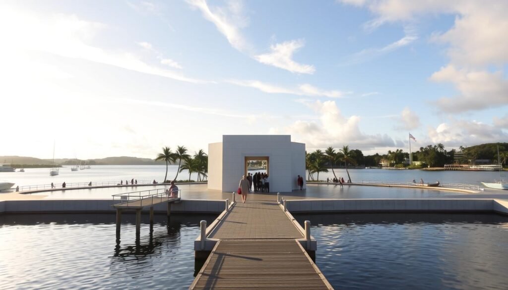 A serene morning at the USS Arizona Memorial in Pearl Harbor, Honolulu. The iconic white memorial structure stands in the middle of a tranquil reflecting pool, its simple yet elegant design casting a peaceful shadow on the calm waters below. Visitors approach the memorial via a floating dock, their steps measured as they absorb the solemn atmosphere and pay their respects to the fallen. Warm sunlight filters through wispy clouds, illuminating the memorial and the surrounding harbor. The scene evokes a sense of reverence and contemplation, inviting guests to reflect on the sacrifices of the past while appreciating the beauty of the present.