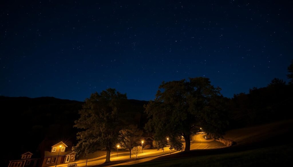 A serene night in the Berkshires, with a vast expanse of starry skies overhead. In the foreground, a quaint New England village nestled among rolling hills, its historic buildings and charming streetlamps bathed in a warm, golden glow. The middle ground features a winding country road, flanked by towering trees whose leaves rustle gently in the cool breeze. In the distance, the silhouettes of the Berkshire mountains rise against the indigo heavens, their peaks dotted with twinkling stars. The scene radiates a sense of tranquility and timeless beauty, capturing the essence of a Berkshires night.