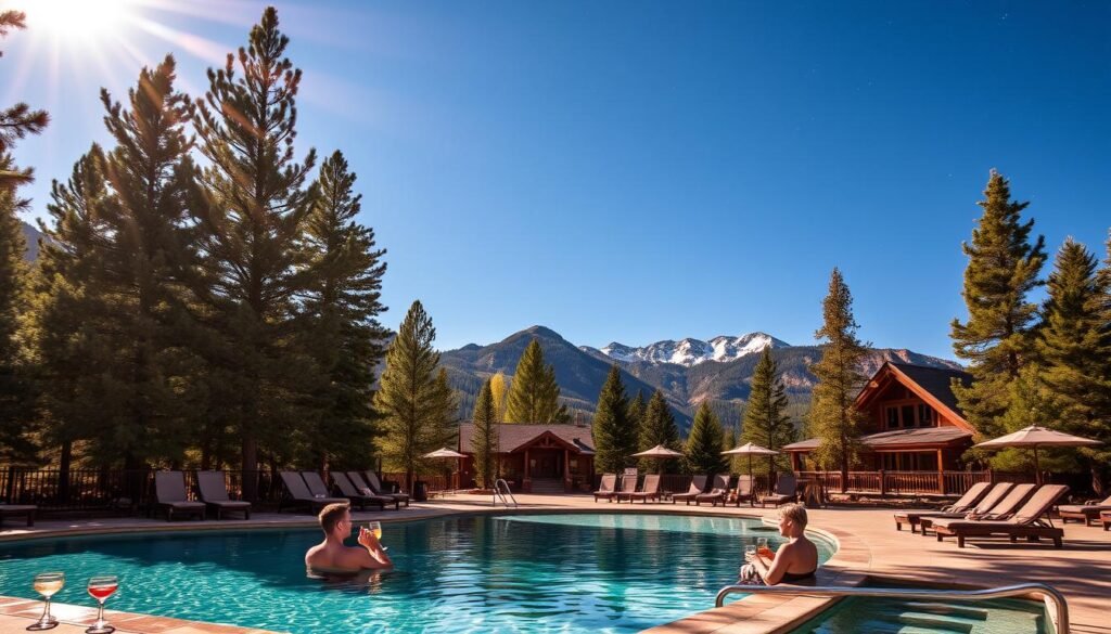 A serene outdoor pool nestled amid lush, towering pine trees, with the Rocky Mountains majestically rising in the distance. Warm sunlight filters through the branches, casting a gentle glow on the glistening water. Guests recline on poolside loungers, sipping refreshing beverages and soaking in the tranquil atmosphere. In the background, a cozy cabin invites visitors to retreat and unwind, while the clear night sky offers a breathtaking canvas of twinkling stars. This idyllic water wellness experience captures the essence of Colorado's natural beauty and the rejuvenating power of mountain retreats. A serene outdoor pool nestled amid lush, towering pine trees, with the Rocky Mountains majestically rising in the distance. Warm sunlight filters through the branches, casting a gentle glow on the glistening water. Guests recline on poolside loungers, sipping refreshing beverages and soaking in the tranquil atmosphere. In the background, a cozy cabin invites visitors to retreat and unwind, while the clear night sky offers a breathtaking canvas of twinkling stars. This idyllic water wellness experience captures the essence of Colorado's natural beauty and the rejuvenating power of mountain retreats.