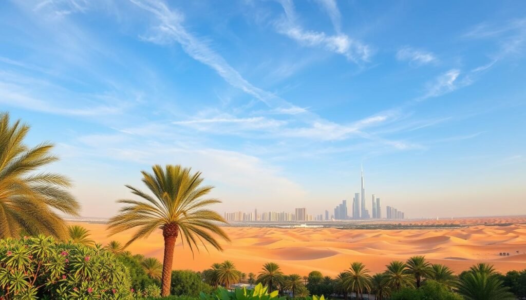 A serene panoramic landscape showcasing the seasonal weather patterns of Dubai. In the foreground, a lush, verdant oasis with swaying palm trees and vibrant flora, bathed in warm, golden sunlight. The middle ground transitions into a sprawling desert landscape, with undulating sand dunes in shades of ochre and amber. In the distance, a majestic skyline of towering skyscrapers and iconic architectural wonders, framed by a vast, azure sky peppered with wispy cirrus clouds. The overall scene conveys a sense of tranquility and the harmonious interplay of Dubai's diverse environments, capturing the best time to visit and experience the city's captivating seasonal weather.