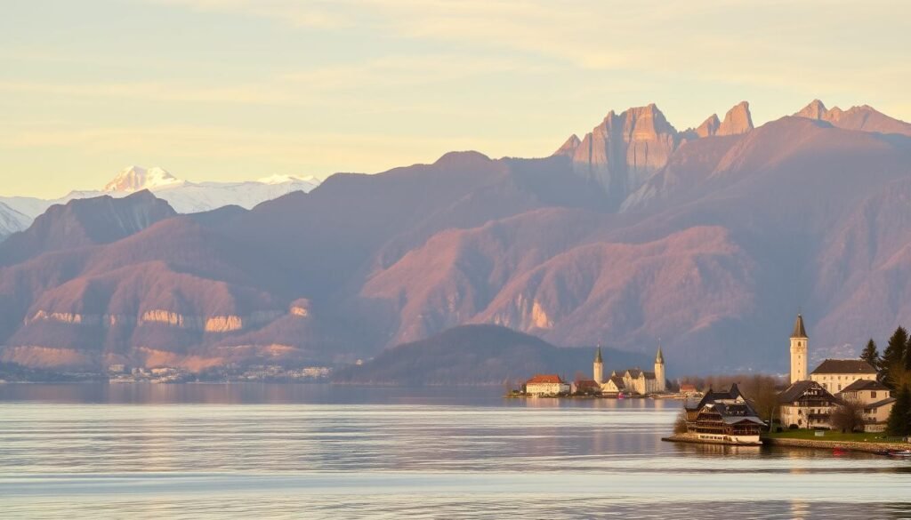 A serene, panoramic vista of Lake Thun, nestled between the majestic Swiss Alps. In the foreground, the tranquil waters reflect the surrounding peaks, their snow-capped summits glowing in the soft, golden light of an alpine sunset. The middle ground features picturesque villages and historic castles dotting the shoreline, their architectural details and vibrant colors complementing the natural beauty. In the background, a range of towering, jagged mountains rise up, their rugged slopes and steep cliffs forming a dramatic, awe-inspiring backdrop. The scene conveys a sense of peaceful solitude, inviting the viewer to immerse themselves in the breathtaking natural splendor of this Swiss alpine paradise. A serene, panoramic vista of Lake Thun, nestled between the majestic Swiss Alps. In the foreground, the tranquil waters reflect the surrounding peaks, their snow-capped summits glowing in the soft, golden light of an alpine sunset. The middle ground features picturesque villages and historic castles dotting the shoreline, their architectural details and vibrant colors complementing the natural beauty. In the background, a range of towering, jagged mountains rise up, their rugged slopes and steep cliffs forming a dramatic, awe-inspiring backdrop. The scene conveys a sense of peaceful solitude, inviting the viewer to immerse themselves in the breathtaking natural splendor of this Swiss alpine paradise.