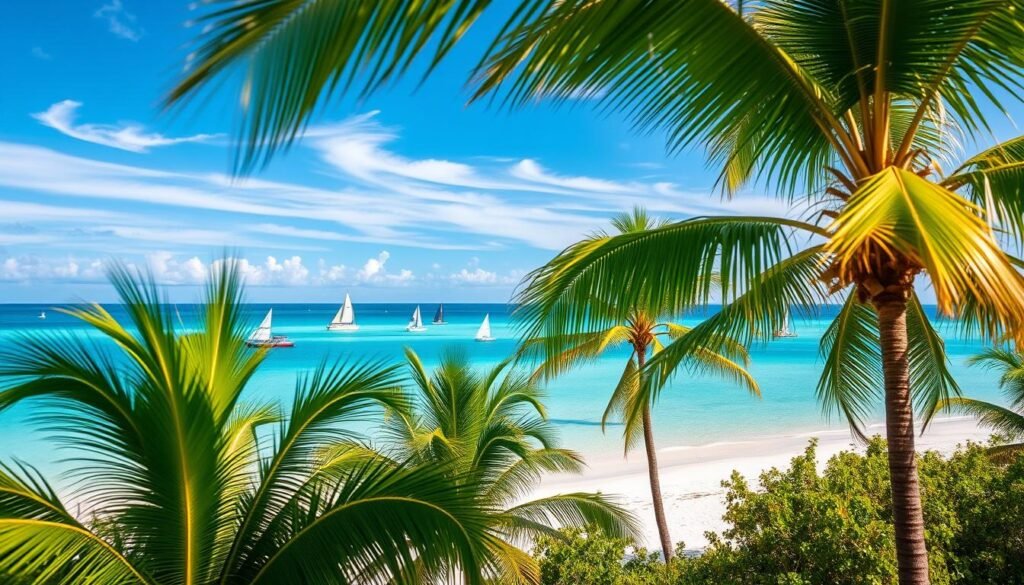 A serene seaside landscape in the Bahamas, showcasing the distinct seasonal transitions. In the foreground, lush palm trees sway gently, their fronds casting soft, dappled shadows on the pristine white-sand beach below. The middleground features a tranquil turquoise bay, its waters ebbing and flowing with the rhythm of the tides. Floating in the distance, a fleet of traditional Bahamian sailboats in vibrant hues glide across the horizon, hinting at the bustling high season. The background fades into a clear, azure sky, punctuated by wispy clouds that capture the mood of the shoulder season. The overall scene exudes a sense of timeless tropical harmony, inviting the viewer to discover the ideal time to visit this island paradise.