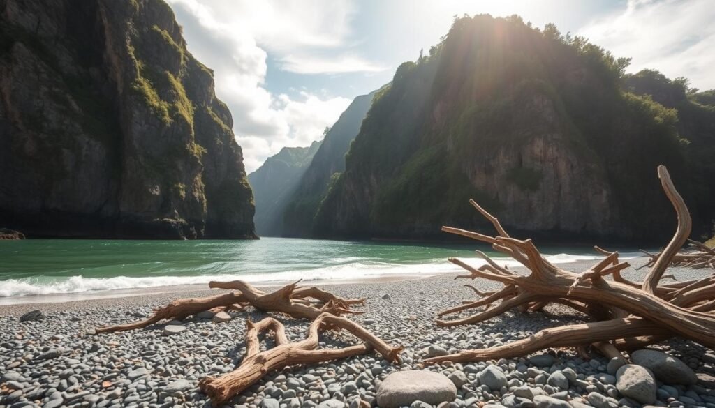 A serene shoreline cradled by towering bluffs, its pebbled beach kissed by gentle waves. Sunlight filters through wispy clouds, casting a warm glow over the hidden cove. Clusters of driftwood and weathered rocks dot the foreground, creating a sense of tranquility. In the distance, lush greenery spills down the cliffs, hinting at the untamed wilderness beyond. The composition is framed by a wide-angle lens, capturing the scenic splendor and inviting the viewer to explore this secluded gem. An atmosphere of peaceful solitude pervades the scene, beckoning the traveler to pause and savor the beauty of this unspoiled natural wonder.