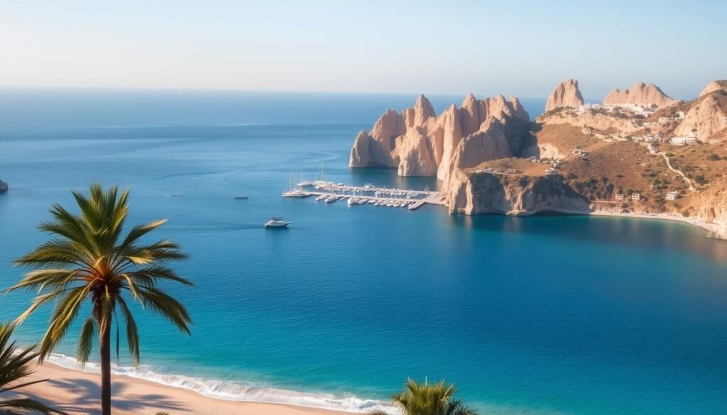 A serene, sprawling long bay nestled between towering cliffs, its turquoise waters lapping gently against a sandy shore. In the foreground, sun-kissed palm trees sway in a soft breeze, their shadows dancing across the beach. The middle ground reveals a picturesque harbor dotted with colorful sailboats and fishing vessels, while the distant background showcases dramatic rock formations bathed in warm, golden light. The scene conveys a sense of tranquility and natural beauty, inviting the viewer to immerse themselves in the enchanting coastal landscape.