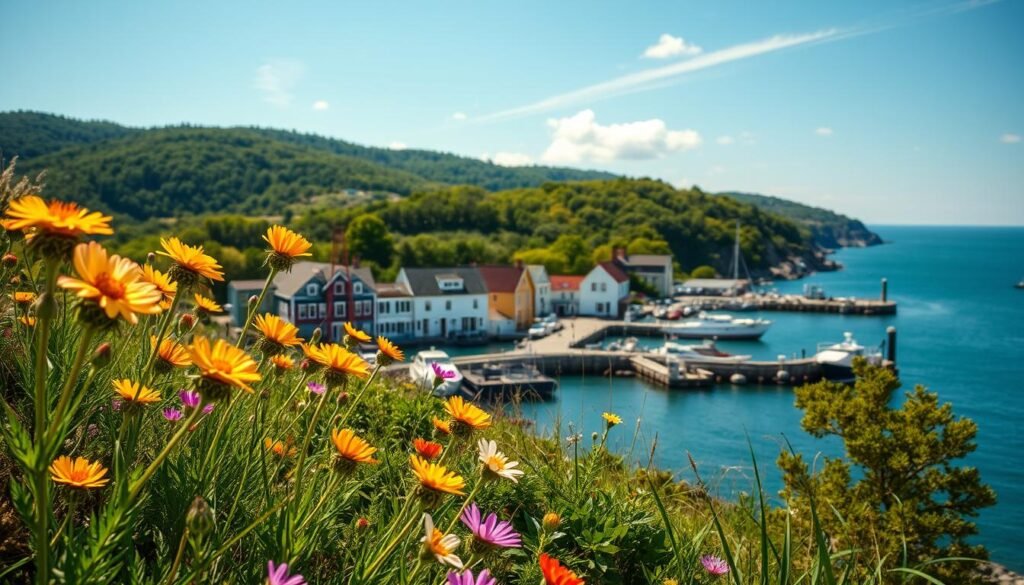 A serene springtime scene in coastal Maine, featuring a picturesque harbor town nestled between rolling hills and a sparkling blue ocean. In the foreground, vibrant wildflowers sway in a gentle breeze, their petals catching the warm, golden light of the sun. In the middle ground, quaint New England-style homes and shops line the harbor's edge, their weathered wood and brightly painted facades reflecting in the calm waters. The background is dominated by rolling hills cloaked in lush, verdant foliage, with a few wispy clouds drifting overhead. The overall atmosphere is one of tranquility, renewal, and the enchanting magic of the spring season in this beloved coastal region. A serene springtime scene in coastal Maine, featuring a picturesque harbor town nestled between rolling hills and a sparkling blue ocean. In the foreground, vibrant wildflowers sway in a gentle breeze, their petals catching the warm, golden light of the sun. In the middle ground, quaint New England-style homes and shops line the harbor's edge, their weathered wood and brightly painted facades reflecting in the calm waters. The background is dominated by rolling hills cloaked in lush, verdant foliage, with a few wispy clouds drifting overhead. The overall atmosphere is one of tranquility, renewal, and the enchanting magic of the spring season in this beloved coastal region.