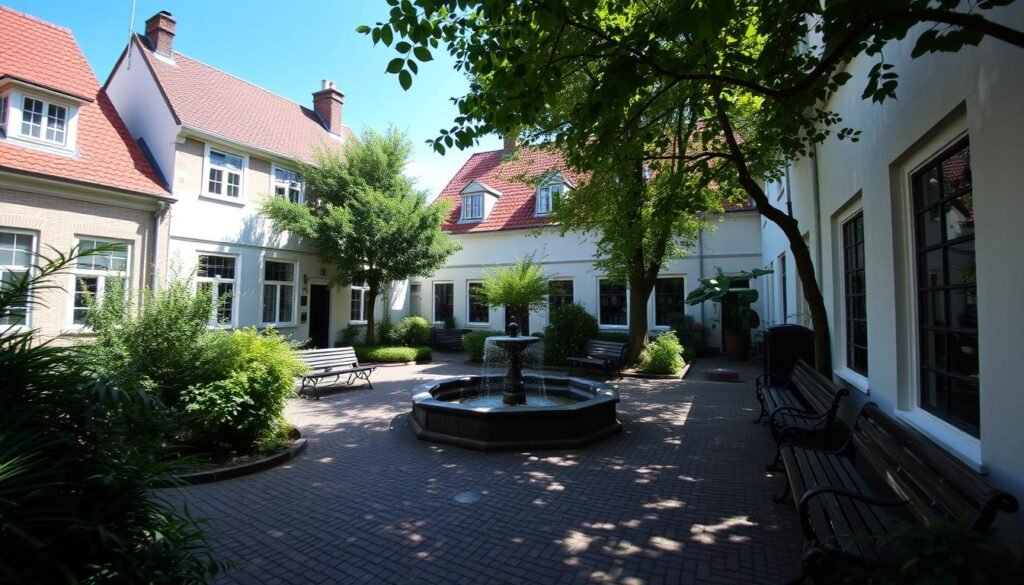 A serene, sun-dappled courtyard in the historic Begijnhof, a tranquil oasis in the heart of bustling Amsterdam. Cobblestone paths wind through lush greenery, with a central fountain bubbling softly. Quaint, gabled houses with white facades and red roofs line the courtyard, casting gentle shadows. A few benches invite visitors to pause and soak in the peaceful atmosphere, as a soft breeze rustles the leaves overhead. The scene is captured through the lens of a wide-angle camera, creating a sense of depth and inviting the viewer to step into this serene sanctuary, away from the city's hustle and bustle.
