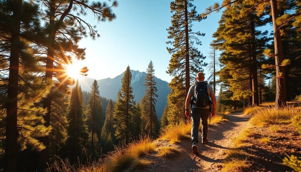 A serene, sun-dappled forest trail winds through towering pines, the gentle breeze rustling the lush foliage. In the foreground, a hiker clad in hiking boots and a backpack strides purposefully, their gaze fixed on the path ahead. The middle ground reveals a picturesque vista of rugged mountains, their peaks capped with pristine snow. Warm, golden light bathes the scene, creating a sense of tranquility and adventure. Captured with a wide-angle lens, this image conveys the natural beauty and boundless exploration of Yosemite during the hiking season. A serene, sun-dappled forest trail winds through towering pines, the gentle breeze rustling the lush foliage. In the foreground, a hiker clad in hiking boots and a backpack strides purposefully, their gaze fixed on the path ahead. The middle ground reveals a picturesque vista of rugged mountains, their peaks capped with pristine snow. Warm, golden light bathes the scene, creating a sense of tranquility and adventure. Captured with a wide-angle lens, this image conveys the natural beauty and boundless exploration of Yosemite during the hiking season.