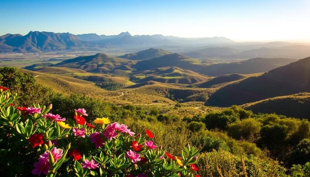 A serene, sun-dappled landscape in South Africa, showcasing the diverse seasons and experiences throughout the year. In the foreground, lush foliage and vibrant blooms capture the verdant beauty of the region. The middle ground reveals rolling hills and winding paths, inviting exploration. In the distance, majestic mountains and a clear, azure sky create a sense of tranquility and wonder. The lighting is soft and warm, creating a golden glow that envelops the scene. This image conveys the versatility and allure of South Africa, with each month offering unique delights for the discerning traveler.