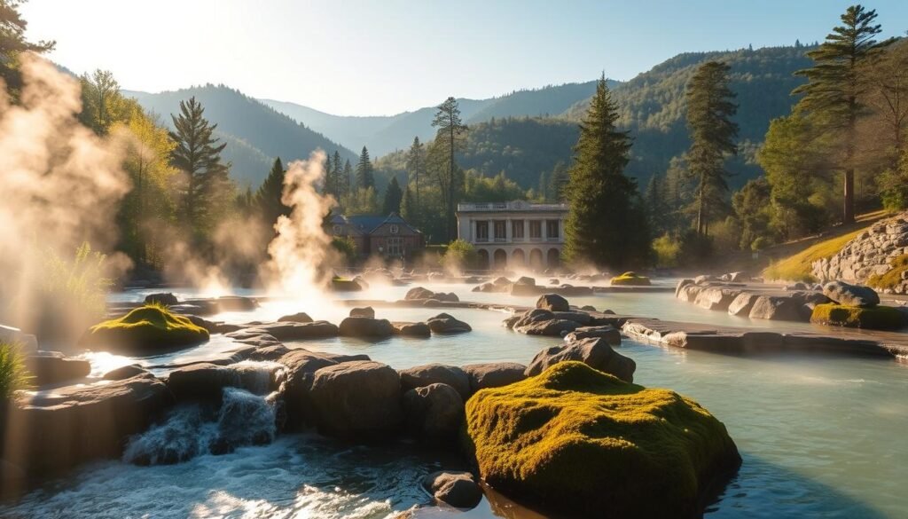 A serene, sun-dappled landscape of hot springs nestled in the lush, verdant hills of Hot Springs National Park. In the foreground, steaming mineral-rich waters flow into natural rock pools, surrounded by mossy boulders and lush ferns. The middle ground reveals an inviting, historic bathhouse, its elegant architecture and ornate details reflecting the town's spa heritage. In the distance, rolling mountains and towering pines create a tranquil, secluded atmosphere, evoking a sense of timeless relaxation. Soft, warm lighting filters through the canopy, casting a golden glow over the entire scene. The overall mood is one of peaceful rejuvenation, perfectly capturing the essence of this spa-town escape within a national park setting.