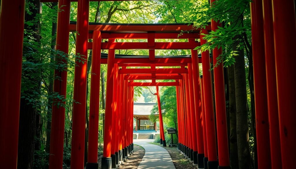 A serene, sun-dappled path winds through a magnificent procession of towering vermilion torii gates, their vibrant hues standing in striking contrast against the lush, verdant forest canopy overhead. The air is thick with the earthy aroma of ancient wood and the gentle rustling of leaves. Soft, diffused light filters through the winding tunnel, casting a warm, golden glow across the weathered surfaces of the gates. In the distance, a glimpse of a tranquil shrine can be seen, its ornate architecture blending seamlessly with the natural surroundings. The scene evokes a sense of timeless serenity, inviting the viewer to step into the heart of Kyoto's renowned spiritual landscape. A serene, sun-dappled path winds through a magnificent procession of towering vermilion torii gates, their vibrant hues standing in striking contrast against the lush, verdant forest canopy overhead. The air is thick with the earthy aroma of ancient wood and the gentle rustling of leaves. Soft, diffused light filters through the winding tunnel, casting a warm, golden glow across the weathered surfaces of the gates. In the distance, a glimpse of a tranquil shrine can be seen, its ornate architecture blending seamlessly with the natural surroundings. The scene evokes a sense of timeless serenity, inviting the viewer to step into the heart of Kyoto's renowned spiritual landscape.