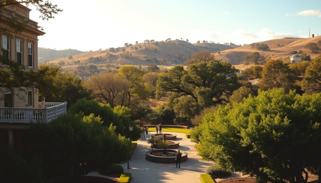 A serene, sun-dappled scene of Mineral Wells, the historic Texas town renowned for its natural mineral springs and wellness retreats. In the foreground, a lush, verdant garden frames the entrance to a stately, early 20th-century spa hotel, its elegant facade exuding a timeless elegance. In the middle ground, people stroll along shaded paths, enjoying the restorative waters and tranquil ambiance. In the background, rolling hills dotted with oak and cedar trees create a picturesque, natural backdrop, evoking a sense of rejuvenation and escape. Warm, golden lighting filters through wispy clouds, casting a soft, inviting glow over the entire scene, capturing the essence of Mineral Wells as a cherished wellness destination.