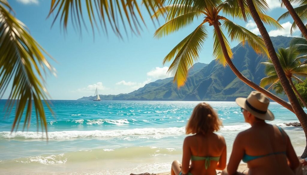 A serene, sun-dappled scene of a tropical paradise. In the foreground, three beachgoers bask in the warm climate, representing the "three Cs" of climate, crowds, and costs. The middle ground features a gently rolling ocean, with a few distant sailboats dotting the horizon. In the background, lush, verdant mountains rise up, creating a picturesque backdrop. The lighting is soft and natural, with a warm, golden hue cast over the entire scene, evoking the tranquil atmosphere of an idyllic Hawaiian getaway. The overall composition balances the elements of climate, crowds, and costs, showcasing the harmonious beauty of this island destination. A serene, sun-dappled scene of a tropical paradise. In the foreground, three beachgoers bask in the warm climate, representing the "three Cs" of climate, crowds, and costs. The middle ground features a gently rolling ocean, with a few distant sailboats dotting the horizon. In the background, lush, verdant mountains rise up, creating a picturesque backdrop. The lighting is soft and natural, with a warm, golden hue cast over the entire scene, evoking the tranquil atmosphere of an idyllic Hawaiian getaway. The overall composition balances the elements of climate, crowds, and costs, showcasing the harmonious beauty of this island destination.
