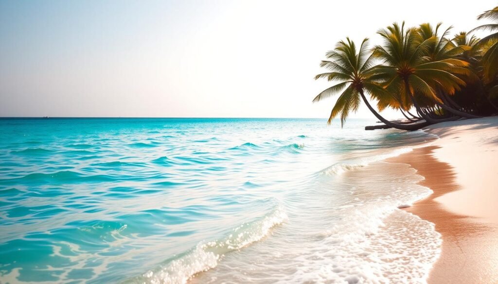A serene, sun-dappled seascape with crystal-clear turquoise waters lapping against a pristine white sand beach. In the foreground, gentle waves caress the shore, their movements captured in a soft, dreamy focus. The middle ground features picturesque palm trees swaying gently in a light breeze, their fronds casting dappled shadows on the sand. In the background, a hazy horizon line blends the sky and sea, creating a sense of boundless expanse. The lighting is warm and golden, evoking the perfect time of day for enjoying the beach and water activities. The overall mood is one of tranquility, relaxation, and the timeless beauty of a tropical paradise.