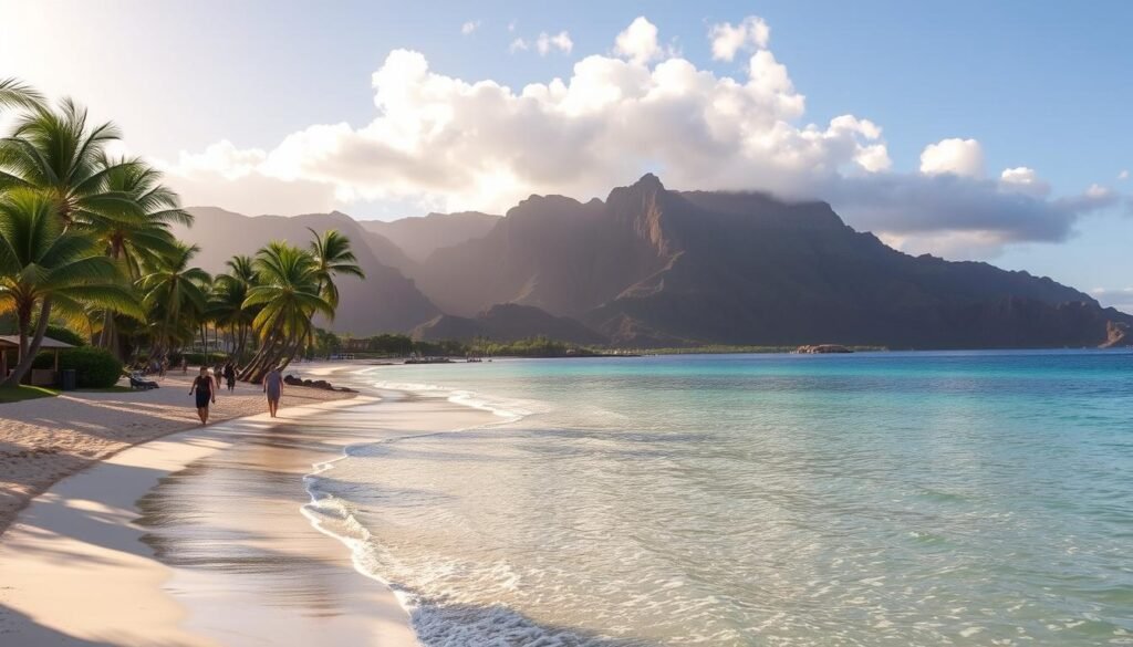 A serene, sun-drenched scene of the pristine Ko Olina Lagoons on the leeward coast of Oahu, Hawaii. Calm, turquoise waters lap gently against white sand beaches, framed by lush, swaying palm trees. In the distance, rugged volcanic cliffs rise majestically, their hues softened by the warm, golden light of the setting sun. Beachgoers stroll leisurely along the water's edge, taking in the tranquil atmosphere and breathtaking vistas. The scene exudes a sense of relaxation and harmony, perfectly capturing the essence of a peaceful, sunset retreat in this idyllic Hawaiian paradise. A serene, sun-drenched scene of the pristine Ko Olina Lagoons on the leeward coast of Oahu, Hawaii. Calm, turquoise waters lap gently against white sand beaches, framed by lush, swaying palm trees. In the distance, rugged volcanic cliffs rise majestically, their hues softened by the warm, golden light of the setting sun. Beachgoers stroll leisurely along the water's edge, taking in the tranquil atmosphere and breathtaking vistas. The scene exudes a sense of relaxation and harmony, perfectly capturing the essence of a peaceful, sunset retreat in this idyllic Hawaiian paradise.