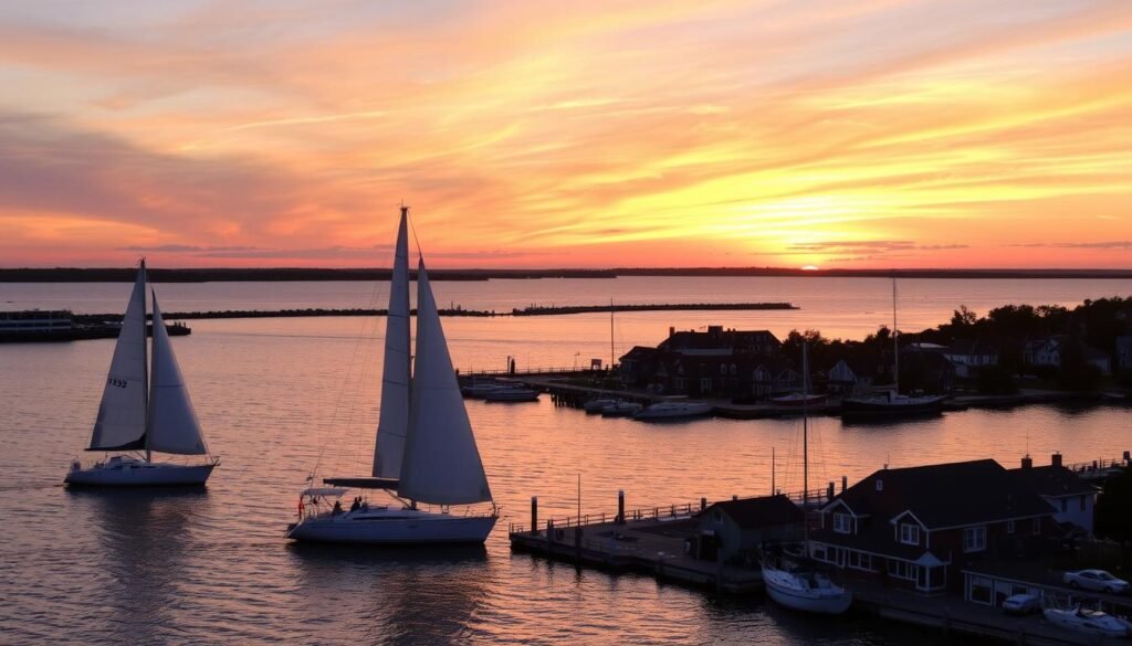 A serene sunset over the tranquil waters of St. Michaels, Maryland. In the foreground, sailboats gently glide across the shimmering Chesapeake Bay, their billowing white sails reflecting the warm golden light. The middle ground features a picturesque harbor dotted with charming historic buildings, their weathered facades casting long shadows across the docks. In the distance, the horizon is ablaze with a vibrant display of oranges, pinks, and purples, painting the sky and water in a breathtaking natural masterpiece. The scene evokes a sense of peaceful calm, inviting the viewer to imagine the salty sea breeze, the gentle lapping of waves, and the tranquil atmosphere of this quaint Chesapeake Bay town.