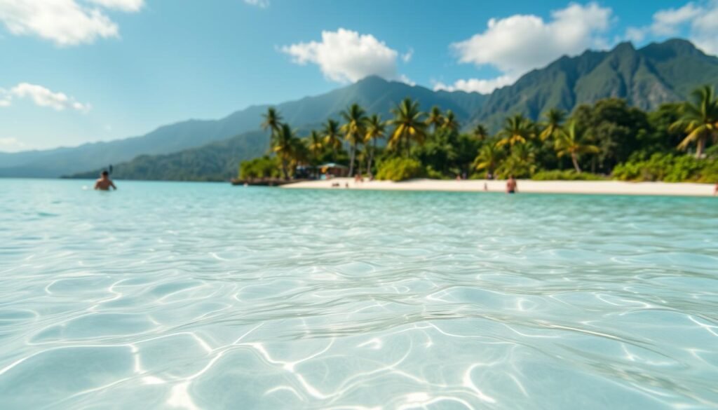 A serene tropical beach in Costa Rica, Playa Conchal shines with powder-soft seashell sand and crystal-clear turquoise waters. In the foreground, snorkelers gracefully explore the shallow reef, their muffled movements captured through a wide-angle lens. The middle ground features swaying palm trees and lush coastal vegetation, while the background showcases the dramatic mountain silhouettes of the Cordillera de Tilarán range. Soft, diffused natural lighting creates a tranquil, almost ethereal atmosphere, inviting viewers to imagine the gentle waves lapping at the shore and the sensation of diving into the vibrant underwater world. A serene tropical beach in Costa Rica, Playa Conchal shines with powder-soft seashell sand and crystal-clear turquoise waters. In the foreground, snorkelers gracefully explore the shallow reef, their muffled movements captured through a wide-angle lens. The middle ground features swaying palm trees and lush coastal vegetation, while the background showcases the dramatic mountain silhouettes of the Cordillera de Tilarán range. Soft, diffused natural lighting creates a tranquil, almost ethereal atmosphere, inviting viewers to imagine the gentle waves lapping at the shore and the sensation of diving into the vibrant underwater world.