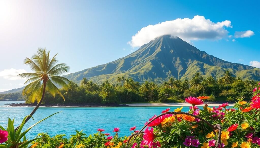 A serene tropical island amid azure waters, lush palm trees swaying in the gentle breeze. The sun's warm rays illuminate the picturesque coastline, white sand beaches contrasting with the vibrant foliage. In the distance, a majestic volcano rises, its lush slopes blanketed in verdant greenery. Colorful flowers dot the landscape, their vibrant hues a testament to the island's lush, fertile climate. The scene radiates a sense of tranquility and natural harmony, capturing the essence of Hawaii's idyllic April-June weather and its signature celebrations of culture and community. A serene tropical island amid azure waters, lush palm trees swaying in the gentle breeze. The sun's warm rays illuminate the picturesque coastline, white sand beaches contrasting with the vibrant foliage. In the distance, a majestic volcano rises, its lush slopes blanketed in verdant greenery. Colorful flowers dot the landscape, their vibrant hues a testament to the island's lush, fertile climate. The scene radiates a sense of tranquility and natural harmony, capturing the essence of Hawaii's idyllic April-June weather and its signature celebrations of culture and community.