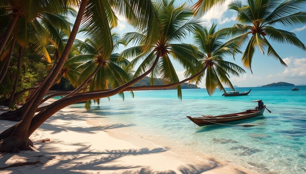 A serene tropical paradise on the Andaman Sea: Koh Lanta beach, Thailand. Lush palm trees sway gently in the warm breeze, casting dappled shadows on the pristine white sand. Emerald waters lap softly at the shore, inviting visitors to wade in and explore the vibrant coral reefs teeming with marine life. In the distance, traditional longtail boats dot the horizon, their wooden hulls silhouetted against the setting sun. An atmosphere of tranquility and laid-back charm pervades the scene, creating a picturesque escape from the world. Capture this idyllic island oasis with a wide, cinematic lens, making the most of the golden hour lighting to evoke a sense of timeless serenity.
