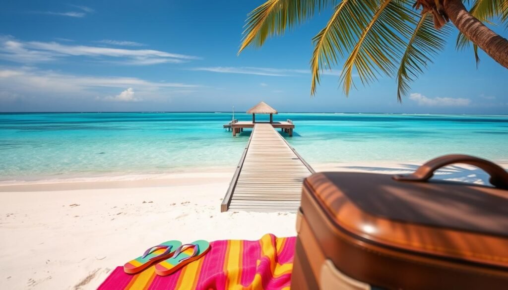 A serene tropical paradise unfolds, the crystal clear turquoise waters of the Maldives gently lapping against pristine white sand beaches. In the foreground, a traveler's suitcase and a pair of colorful flip-flops sit beside a vibrant beach towel, hinting at the relaxation and adventure to come. The middle ground reveals a wooden jetty leading into the distance, inviting exploration of the island's hidden coves and lagoons. In the background, swaying palm trees cast dappled shadows, creating a tranquil, sun-drenched atmosphere. Soft, warm lighting illuminates the scene, conveying the idyllic, carefree mood of a Maldives vacation. This image evokes the perfect blend of careful planning and effortless leisure that defines a memorable Maldives trip. A serene tropical paradise unfolds, the crystal clear turquoise waters of the Maldives gently lapping against pristine white sand beaches. In the foreground, a traveler's suitcase and a pair of colorful flip-flops sit beside a vibrant beach towel, hinting at the relaxation and adventure to come. The middle ground reveals a wooden jetty leading into the distance, inviting exploration of the island's hidden coves and lagoons. In the background, swaying palm trees cast dappled shadows, creating a tranquil, sun-drenched atmosphere. Soft, warm lighting illuminates the scene, conveying the idyllic, carefree mood of a Maldives vacation. This image evokes the perfect blend of careful planning and effortless leisure that defines a memorable Maldives trip.