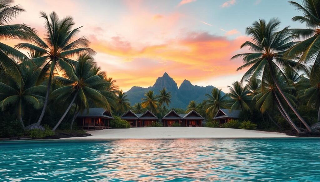 A serene tropical paradise, with lush palm trees swaying in the gentle breeze and crystal-clear turquoise waters lapping against the pristine white sand beach. In the middle-ground, a group of wooden bungalows with thatched roofs blend seamlessly into the natural surroundings. Towering volcanic peaks rise up in the distance, their rugged silhouettes framed by a vibrant sunset sky. The overall atmosphere is one of tranquility and understated beauty, inviting the viewer to imagine themselves exploring these lesser-known island gems. A serene tropical paradise, with lush palm trees swaying in the gentle breeze and crystal-clear turquoise waters lapping against the pristine white sand beach. In the middle-ground, a group of wooden bungalows with thatched roofs blend seamlessly into the natural surroundings. Towering volcanic peaks rise up in the distance, their rugged silhouettes framed by a vibrant sunset sky. The overall atmosphere is one of tranquility and understated beauty, inviting the viewer to imagine themselves exploring these lesser-known island gems.