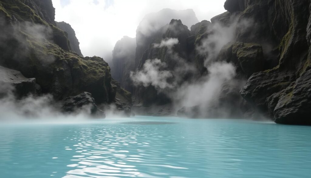 A serene, turquoise-hued geothermal pool nestled amidst rugged, volcanic landscapes. The water's surface gently ripples, reflecting the muted sunlight filtering through wispy clouds. Silky steam drifts upwards, creating an ethereal, otherworldly atmosphere. Towering, moss-covered cliffs frame the scene, their jagged edges contrasting with the pool's smooth, inviting waters. A sense of tranquility and natural wonder pervades the air, inviting visitors to immerse themselves in the restorative powers of Iceland's geothermal wonders, even during the colder months. A serene, turquoise-hued geothermal pool nestled amidst rugged, volcanic landscapes. The water's surface gently ripples, reflecting the muted sunlight filtering through wispy clouds. Silky steam drifts upwards, creating an ethereal, otherworldly atmosphere. Towering, moss-covered cliffs frame the scene, their jagged edges contrasting with the pool's smooth, inviting waters. A sense of tranquility and natural wonder pervades the air, inviting visitors to immerse themselves in the restorative powers of Iceland's geothermal wonders, even during the colder months.