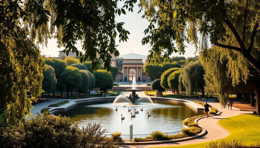 A serene vista of Parc de la Ciutadella in Barcelona, bathed in warm afternoon sunlight. Lush, verdant foliage frames the scene, leading the eye towards a central pond dotted with graceful swans. Stately neoclassical architecture, such as the majestic Cascada fountain, stands as a stately backdrop. People stroll leisurely along winding paths, enjoying the tranquil ambiance. In the distance, the iconic Triumphal Arch can be seen, completing the picturesque urban oasis. A sense of timeless elegance and harmony pervades the composition, inviting the viewer to lose themselves in the park's enchanting beauty.