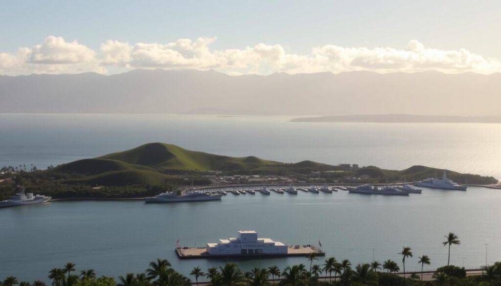 A serene vista of Pearl Harbor, Oahu, under a warm, golden afternoon sun. In the foreground, the iconic USS Arizona Memorial stands solemnly, its white structure gleaming against the tranquil waters. Surrounding it, a fleet of Navy ships and submarines are docked, their hulls reflecting the cloudless sky. In the middle ground, lush green hills rise up, dotted with palm trees swaying gently in the ocean breeze. Further in the distance, the silhouettes of the Waianae Mountain Range frame the scene, their rugged peaks bathed in a soft, hazy light. The overall atmosphere conveys a sense of reverence and solemn contemplation, inviting the viewer to experience the site's profound historical significance. A serene vista of Pearl Harbor, Oahu, under a warm, golden afternoon sun. In the foreground, the iconic USS Arizona Memorial stands solemnly, its white structure gleaming against the tranquil waters. Surrounding it, a fleet of Navy ships and submarines are docked, their hulls reflecting the cloudless sky. In the middle ground, lush green hills rise up, dotted with palm trees swaying gently in the ocean breeze. Further in the distance, the silhouettes of the Waianae Mountain Range frame the scene, their rugged peaks bathed in a soft, hazy light. The overall atmosphere conveys a sense of reverence and solemn contemplation, inviting the viewer to experience the site's profound historical significance.